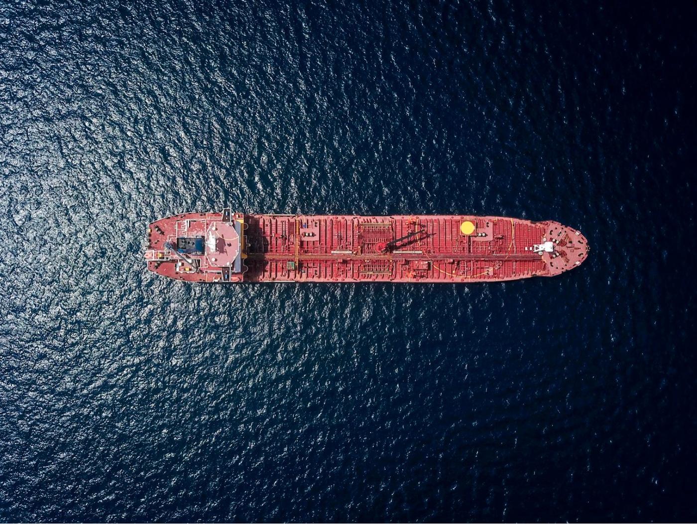 Aerial view of an oil tanker at sea
